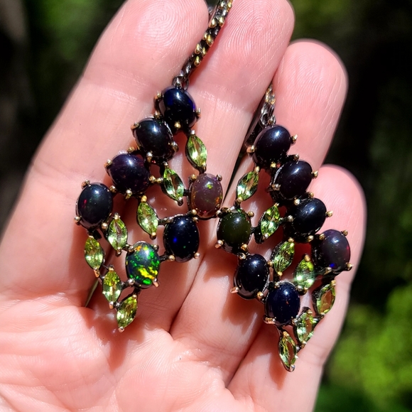 Black Opal & Peridot sterling & Rhodium chandelier earrings - Picture 9 of 13